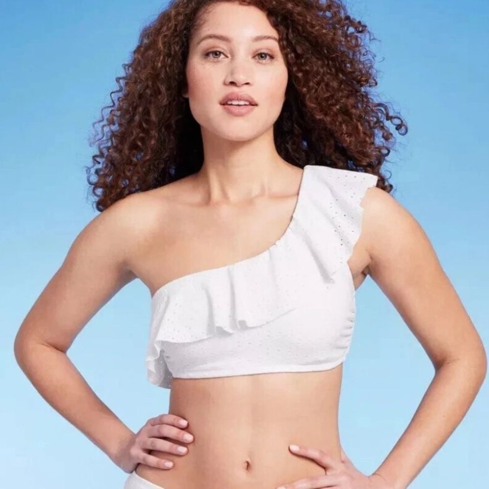 NWT Kona Sol White Eyelet One-Shoulder Ruffle Bikini Top multiple sizes